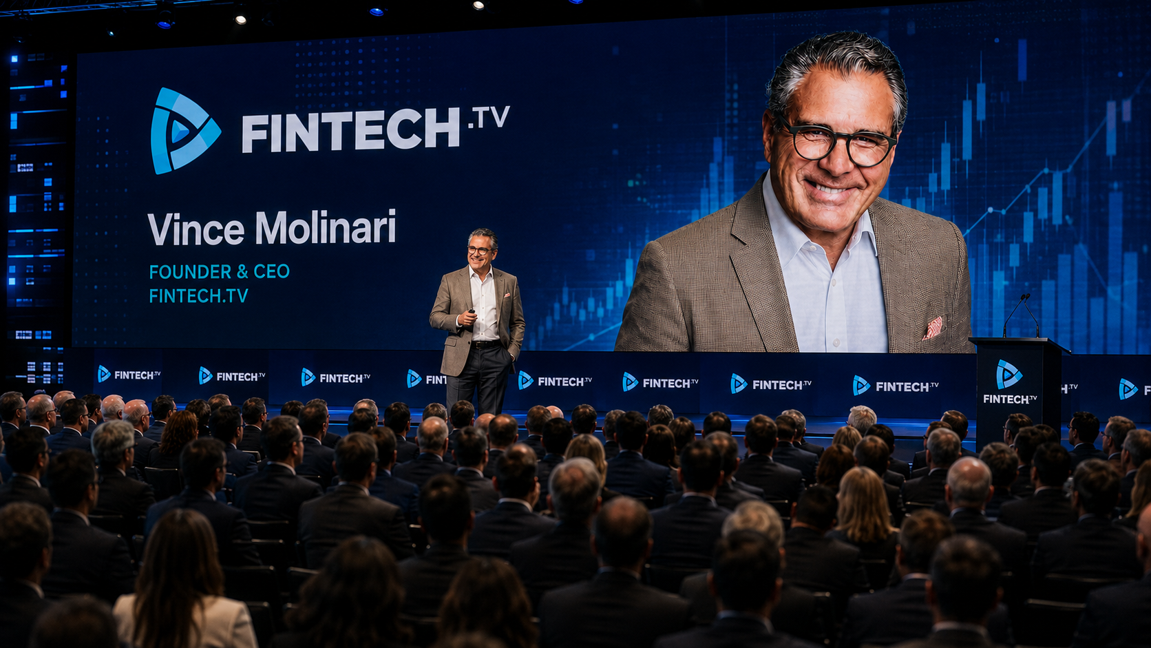 Vince Molinari speaking on stage at a FINTECH.TV broadcast event